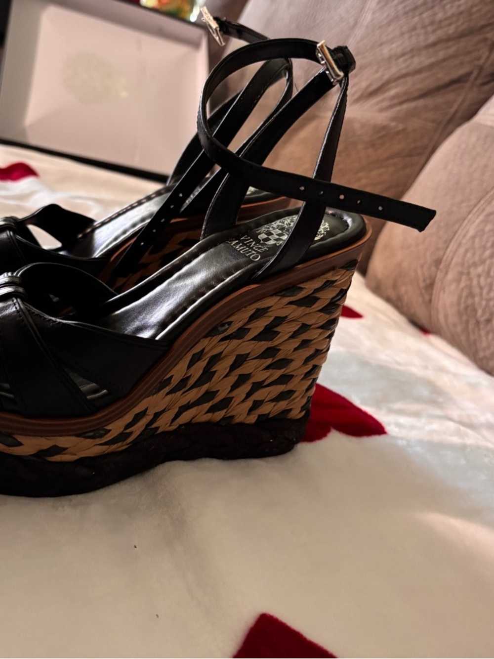 Vince Camuto Black Leather Wedge Sandals with Ankle Wrap - Picture 5 of 13